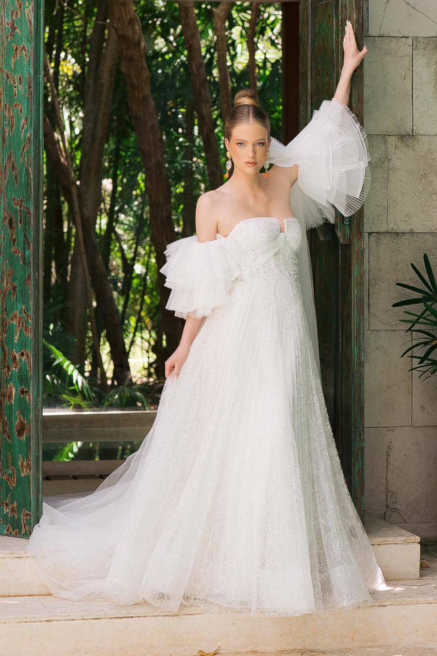 High Neck Gown with Long Cape Sleeves – Lara New York