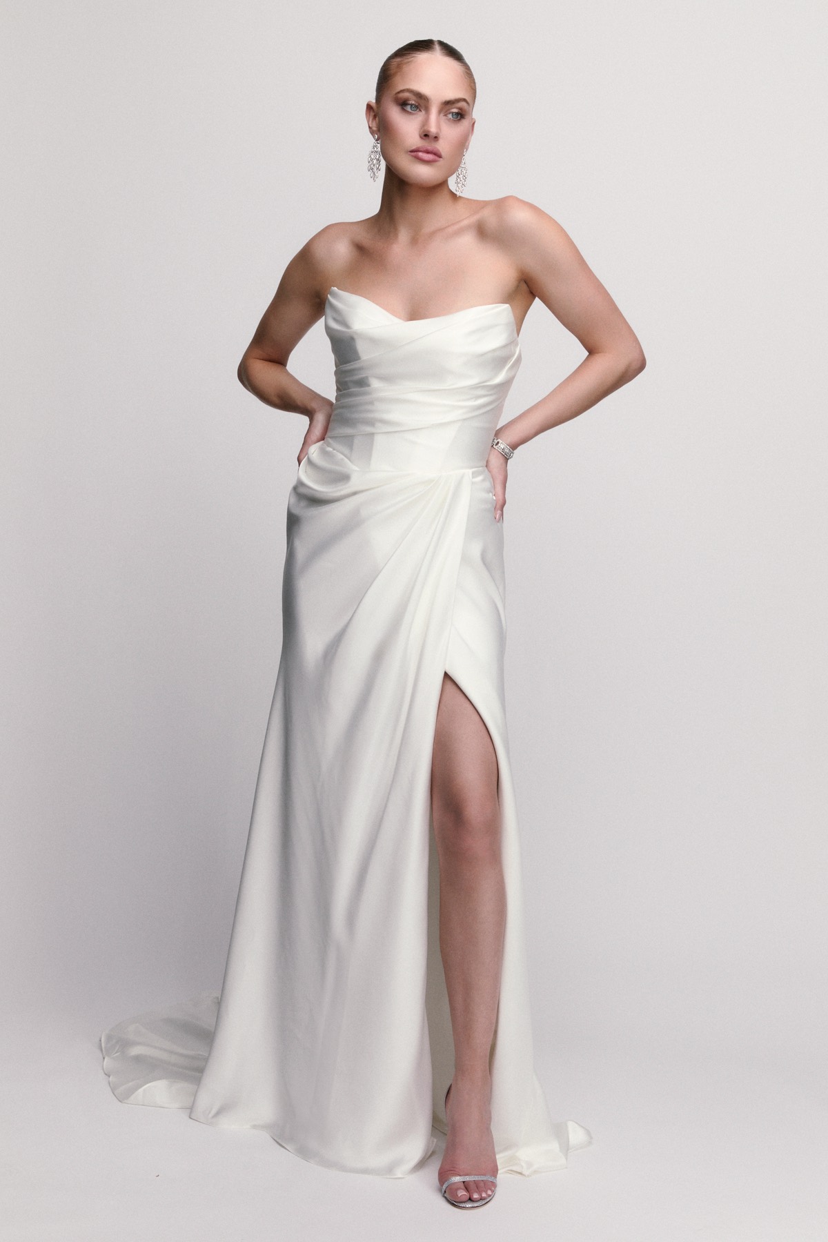 slim fit dress slacks Elegant Sheath Luxe Satin Floor-Length Bridesmaid Dress COCOMELODY CB0590, Steel Blue main image 0