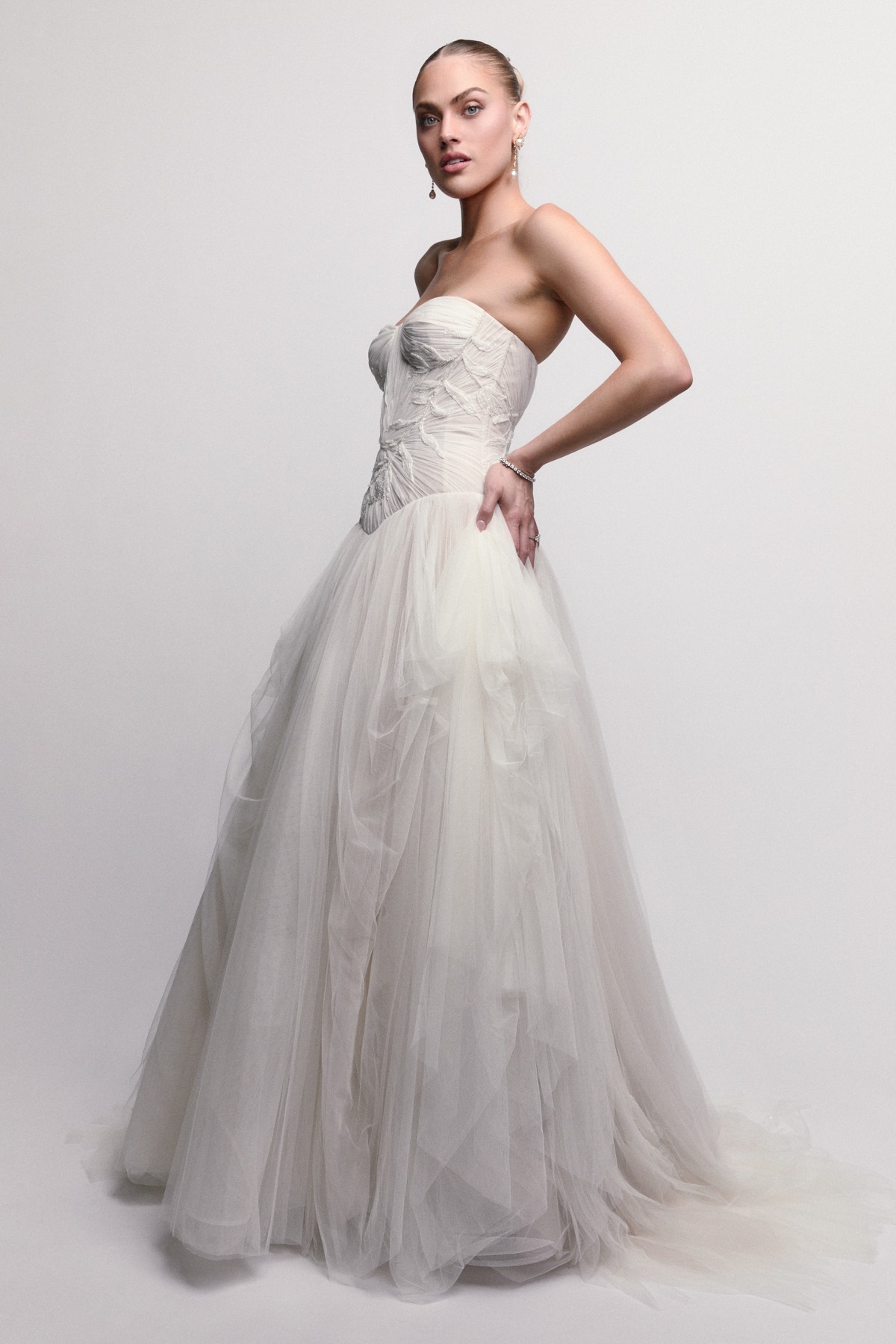 sachin and babi light blue dress Phan Huy Three Layers Tulle Dress with Leaf-Shape Crystal Embroideries