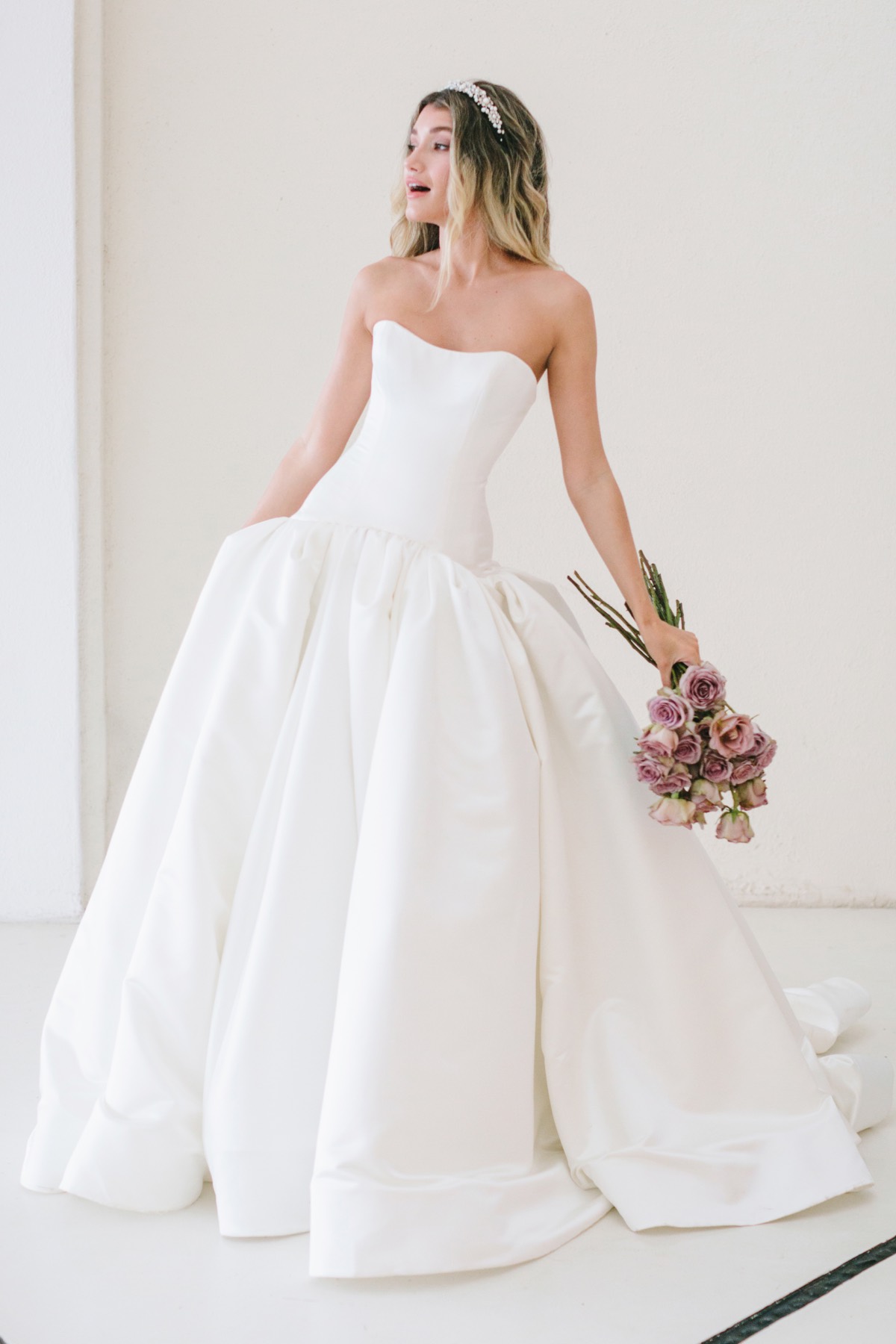 knee length dresses for ladies Cute Big Bow Ivory Satin A-Line Elegant Wedding Dress with Pockets, White main image 1
